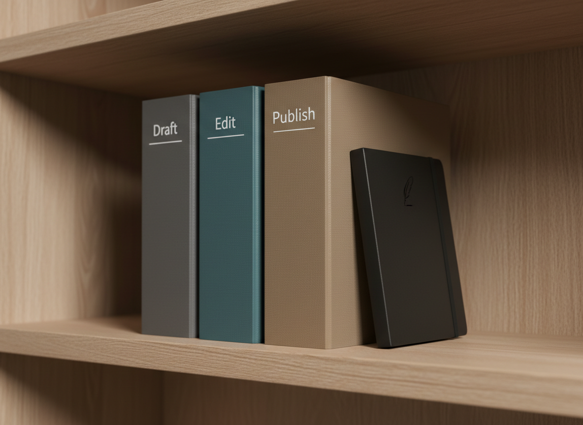 A close-up, photographic image of a tidy row of manuscript binders on a smooth, light oak shelf, each binder a different muted tone—charcoal gray, deep teal, and warm taupe—with minimalist spine labels reading “Draft,” “Edit,” and “Publish.” A slim, matte-black notebook with a small embossed quill icon leans against them. Soft, indirect studio lighting from the left casts graceful shadows and a gentle sheen on the binder surfaces, emphasizing texture and order. The composition uses the rule of thirds, with sharp focus on the central binder and a subtle bokeh effect on the edges of the frame. The mood is organized, professional, and quietly inspiring, visually representing a structured publishing consulting process guiding stories from rough idea to finished book.